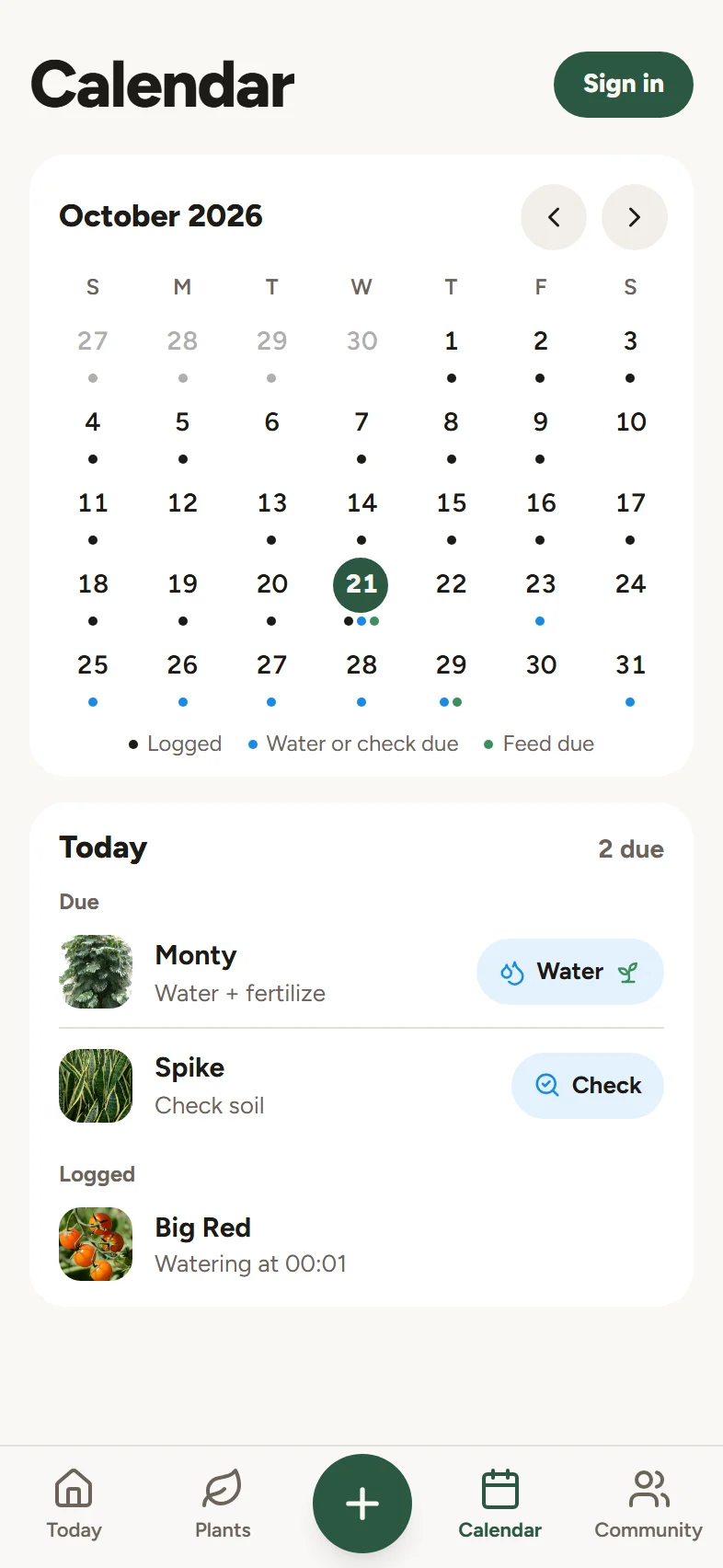 The Calendar screen with a month card and a card for the selected day