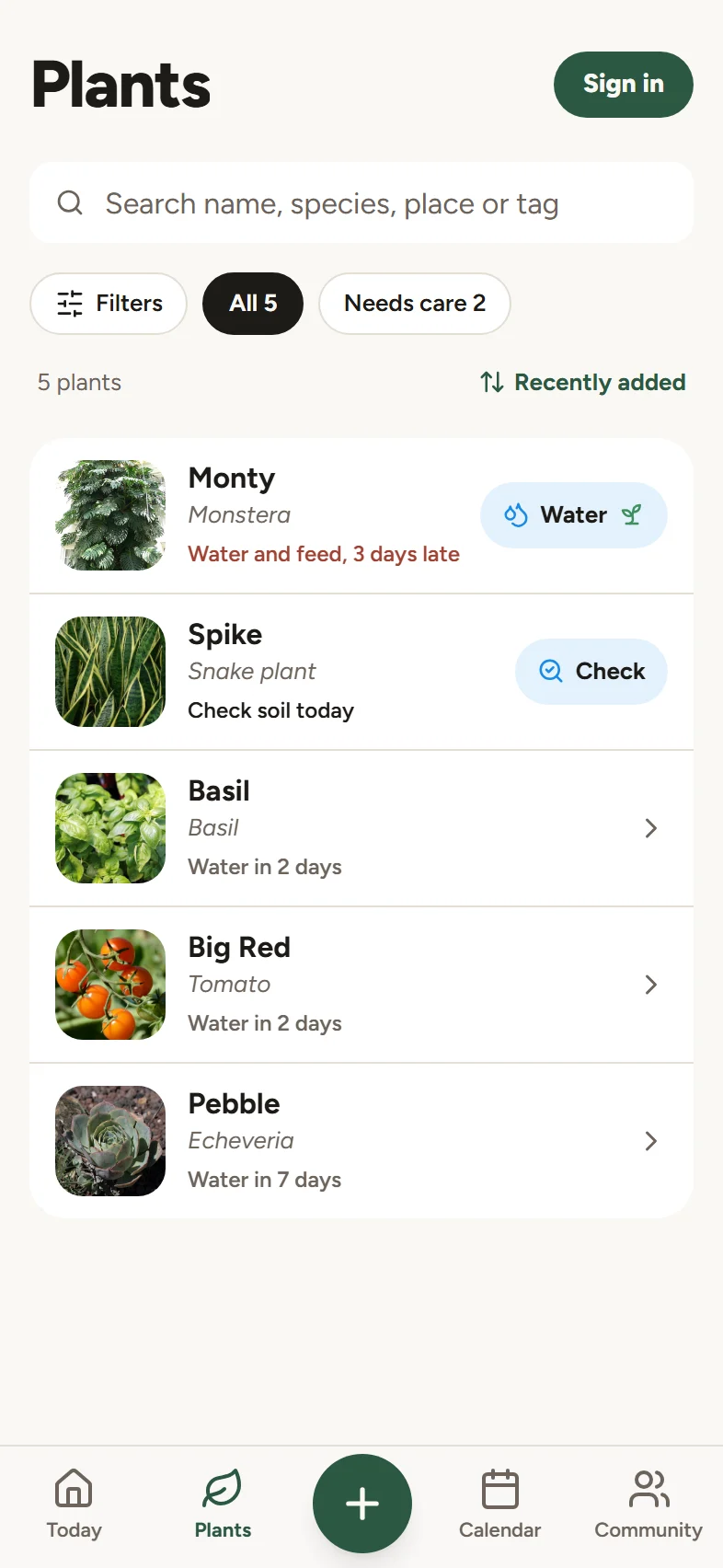 The Plants list with a status line and a care button on every row