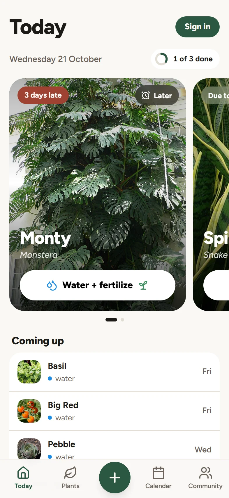 The Today screen showing a card for one plant that needs watering